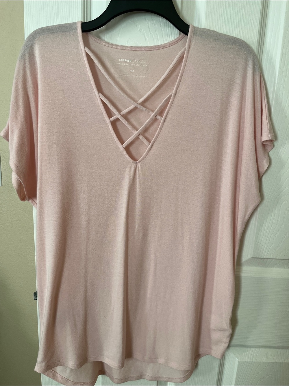 Express Light Pink Crisscross V-Neck Short Sleeve Top